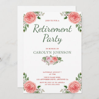 Retirement Party Floral Rose Pink Green Invitation