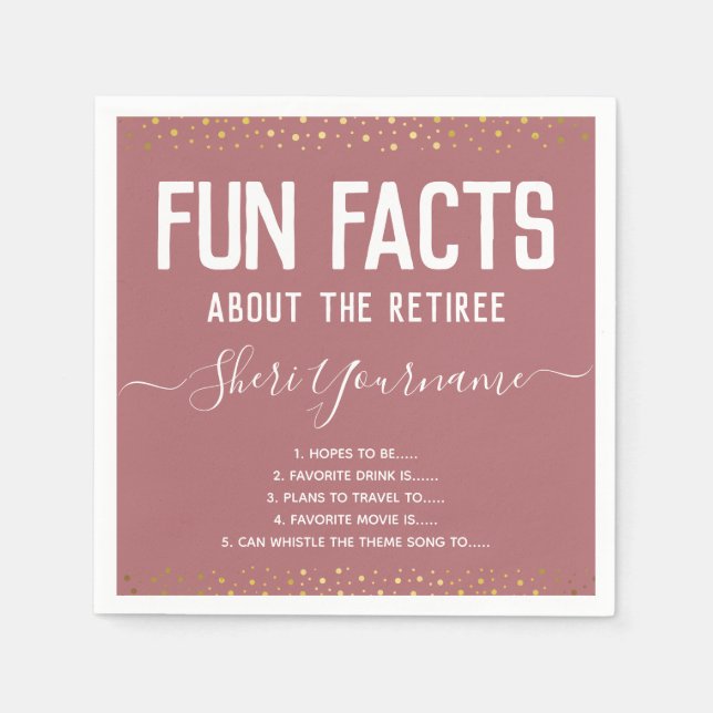 Retirement Party Fun Facts Unisex Gold Confetti Na Napkins (Front)