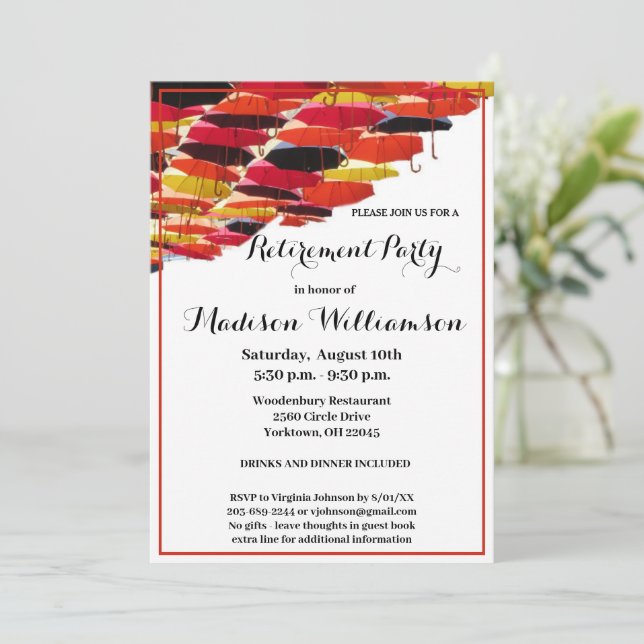 Retirement Party Fun Flying Umbrellas Invitation (Standing Front)