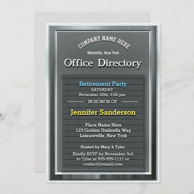 Retirement Party | Fun Silver Office Directory Invitation (Front/Back)
