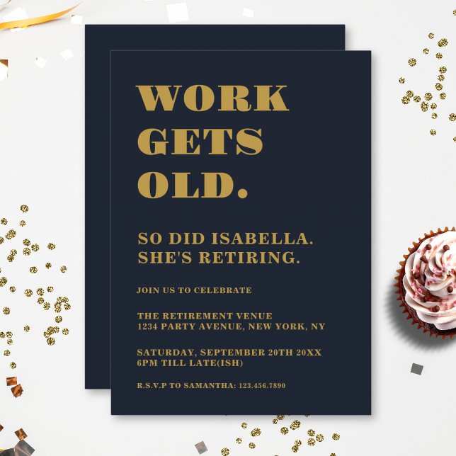 Retirement Party Funny Navy Blue Gold Humorous Invitation (Creator Uploaded)