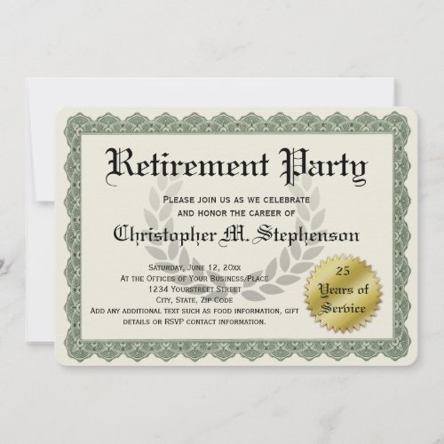 Retirement Party Funny Recognition Certificate Invitation