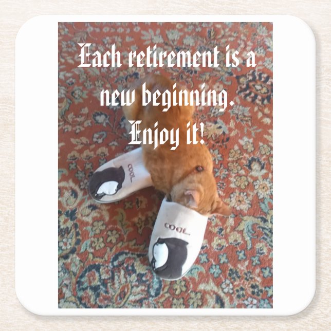 retirement party ginger cat sleeping slippers coas square paper coaster (Front)