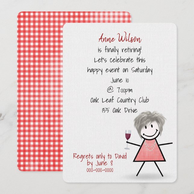 Retirement Party Girl with Wine  Invitation (Front/Back)
