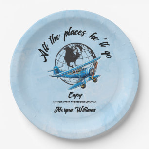 Retirement Party Globe Travel Plane Places  Paper Plates
