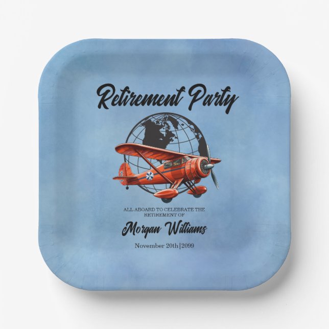 Retirement Party Globe Travel Plane Places  Paper Plates (Front)