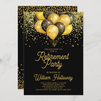 Retirement Party Gold Black Balloons Black Invitation | Zazzle