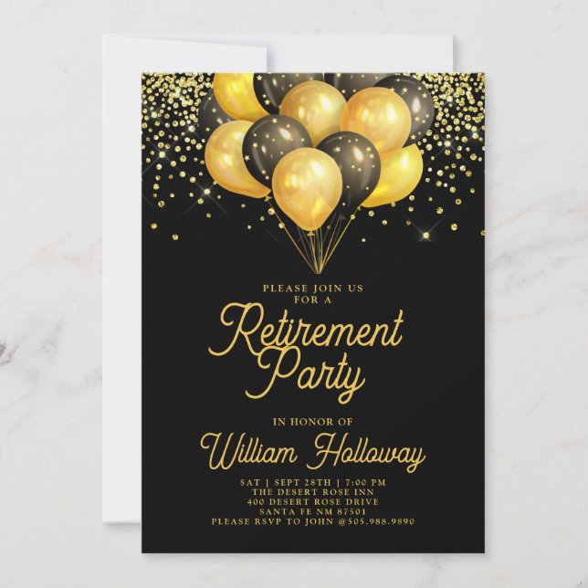 Retirement Party Gold Black Balloons Black Invitation (Front)