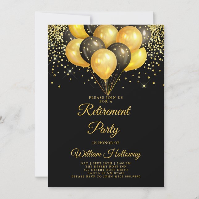 Retirement Party Gold Black Balloons Black  Invitation (Front)