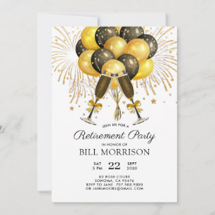 Retirement Party Gold Black Balloons Champagne Invitation