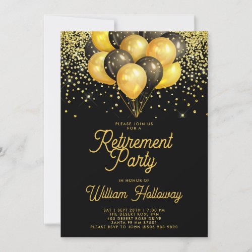 Retirement Party Gold Black Balloons Confetti Invitation