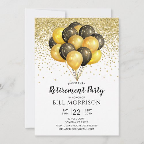 Retirement Party Gold Black Balloons Confetti Invitation