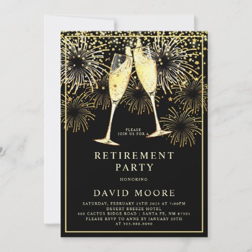 Retirement Party Gold Black Confetti Champagne Invitation