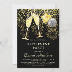 Retirement Party Gold Black Confetti Champagne Invitation