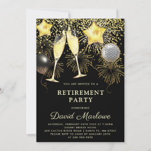 Retirement Party Gold Black Confetti Champagne Invitation