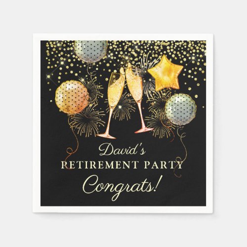 Retirement Party Gold Black Confetti Champagne Napkins