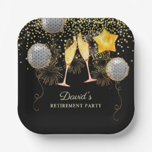 Retirement Party Gold Black Confetti Champagne Pa Paper Plates