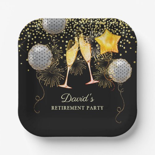 Retirement Party Gold Black Confetti Champagne  Pa Paper Plates