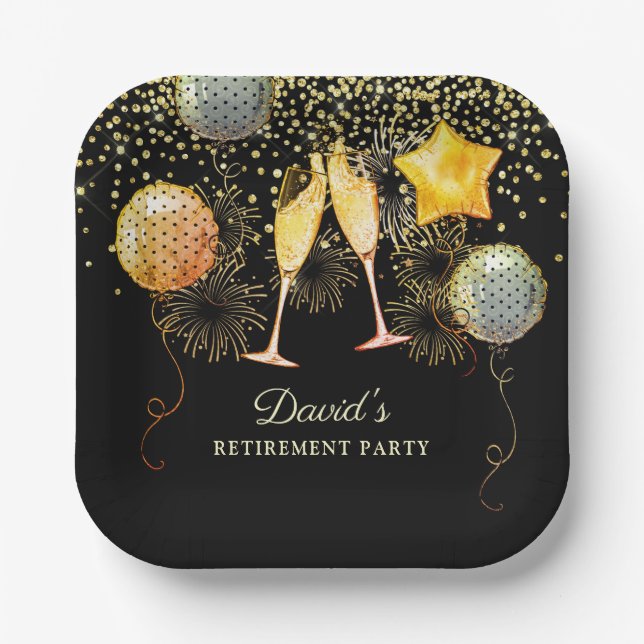 Retirement Party Gold Black Confetti Champagne  Paper Plates (Front)