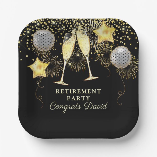 Retirement Party Gold Black Confetti Champagne Paper Plates (Front)