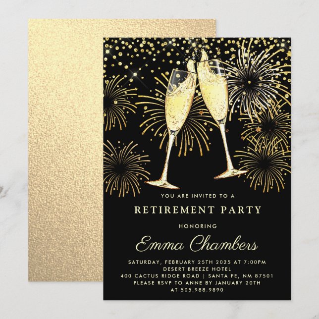 Retirement Party Gold Black Glitter Confetti Invit Invitation (Front/Back)