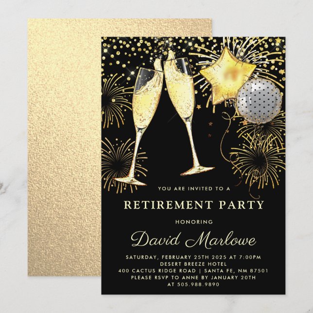 Retirement Party Gold Black Glitter Confetti Invitation (Front/Back)