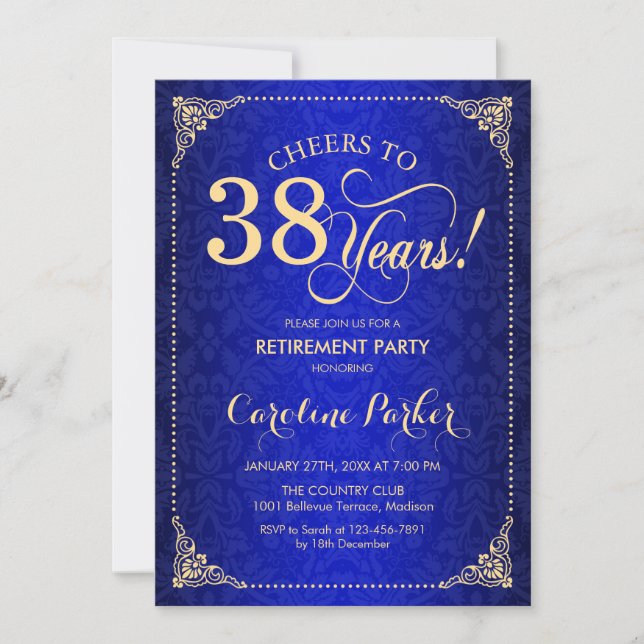 Retirement Party - Gold Blue Damask Invitation (Front)