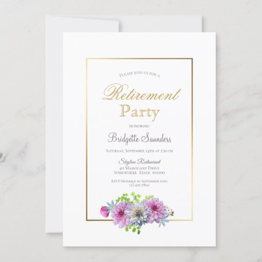 Retirement Party Gold Border with Pink Flowers Invitation | Zazzle.com