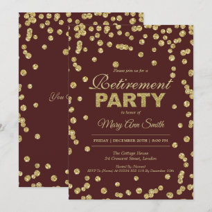 Retirement Party Gold Burgundy Glitter Confetti Invitation
