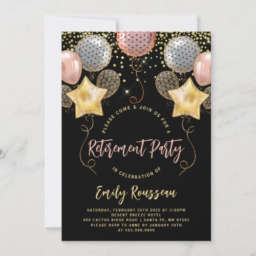 Retirement Party Gold Confetti Balloons Black  Invitation