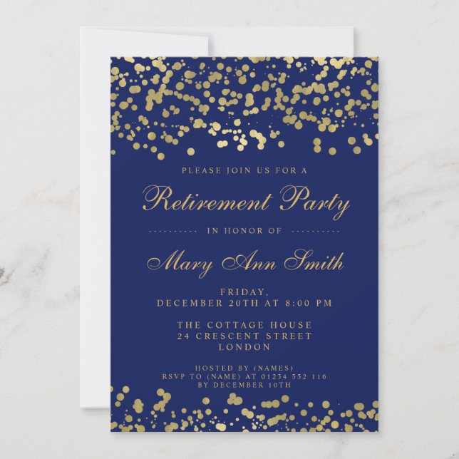 Retirement Party Gold Foil Confetti Navy Blue Invitation (Front)