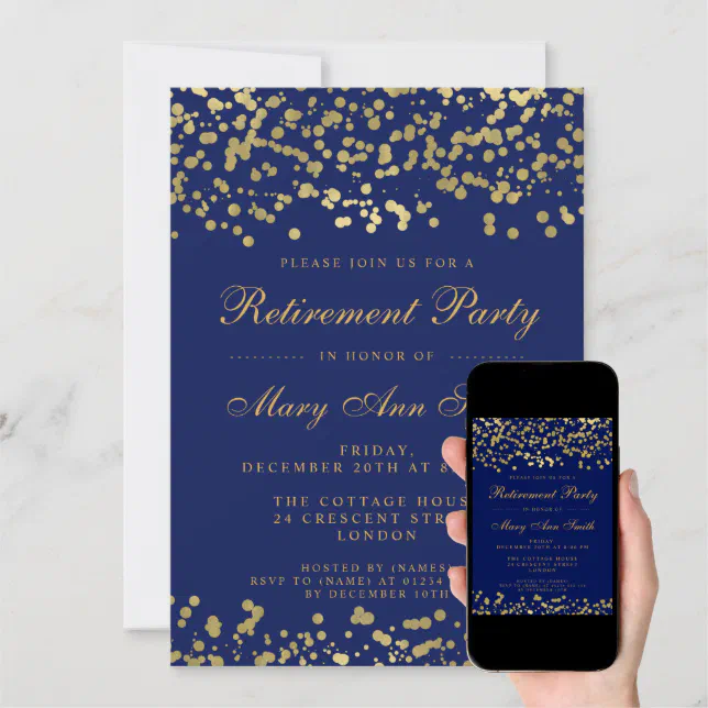 Retirement Party Gold Foil Confetti Navy Blue Invitation | Zazzle