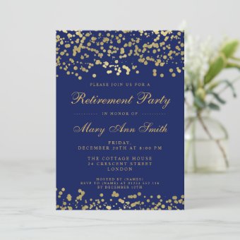 Retirement Party Gold Foil Confetti Navy Blue Invitation | Zazzle