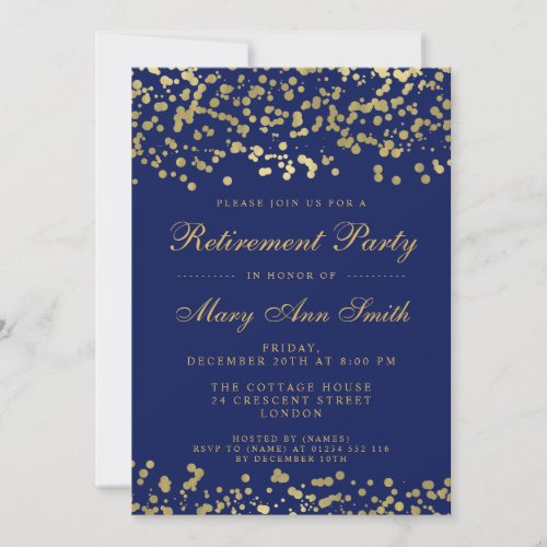 Retirement Party Gold Foil Confetti Navy Blue Invitation