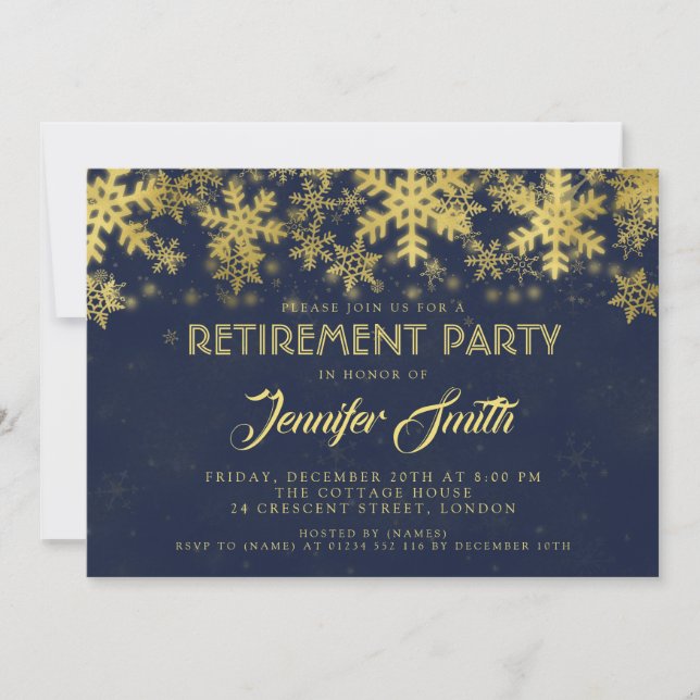 Retirement Party Gold Foil Snowflakes Navy Blue Invitation (Front)