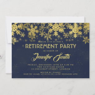 Retirement Party Gold Foil Snowflakes Navy Blue Invitation