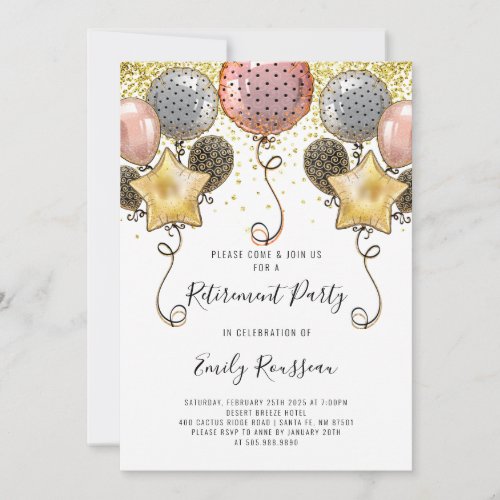 Retirement Party Gold Glitter Confetti Balloons Invitation