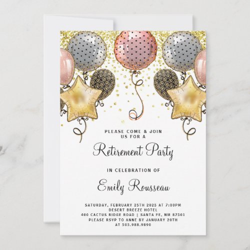 Retirement Party Gold Glitter Confetti Balloons Invitation