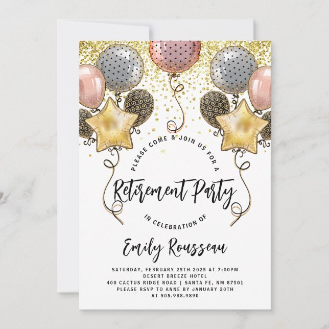 Retirement Party Gold Glitter Confetti Balloons Invitation (Front)