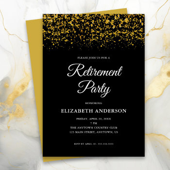 Retirement Party Gold Glitter Confetti Black Invitation by daisylin712 at Zazzle