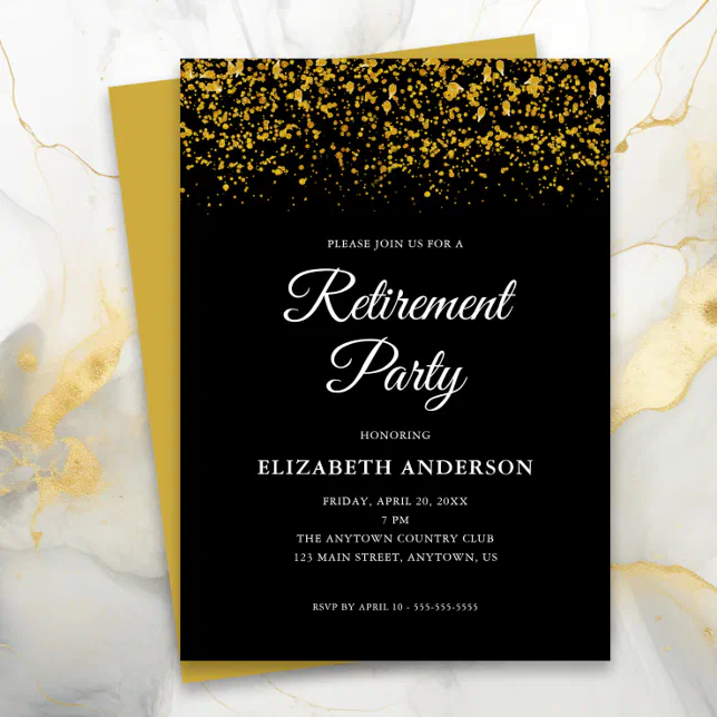 Retirement Party Gold Glitter Confetti Black Invitation | Zazzle