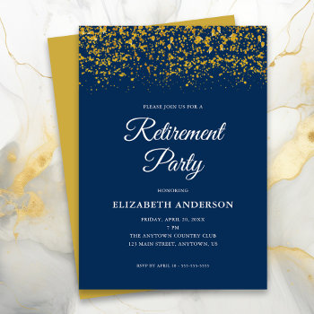 Retirement Party Gold Glitter Confetti Blue Invitation by daisylin712 at Zazzle