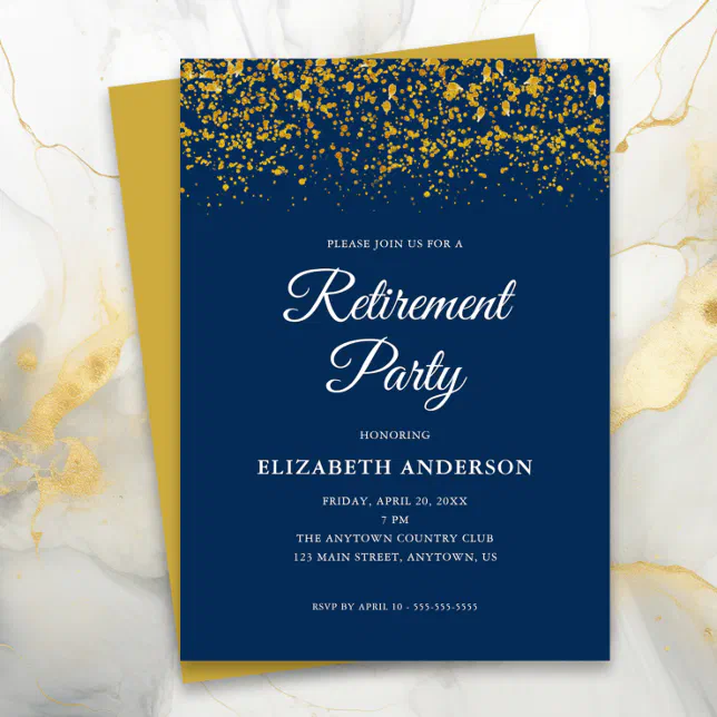 Retirement Party Gold Glitter Confetti Blue Invitation | Zazzle