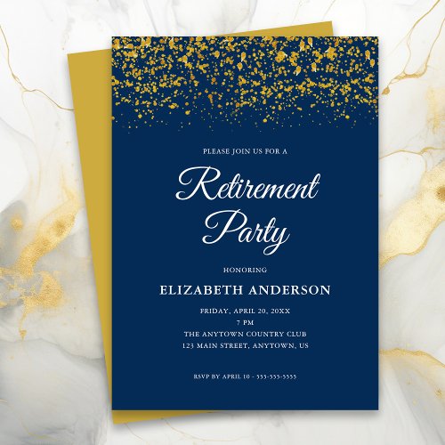 Retirement Party Gold Glitter Confetti Blue Invitation