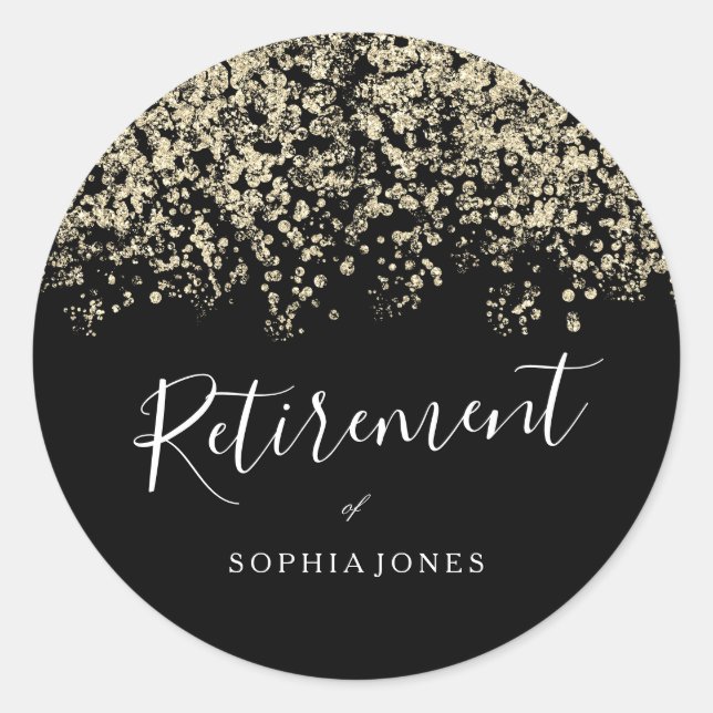 Retirement Party Gold Glitter Confetti Classic Round Sticker (Front)