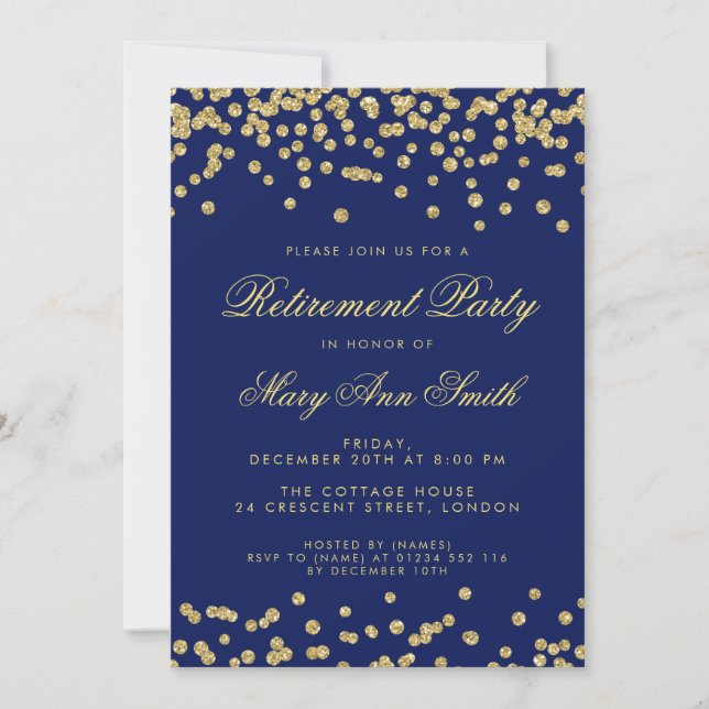 Retirement Party Gold Glitter Confetti Navy Blue Invitation (Front)