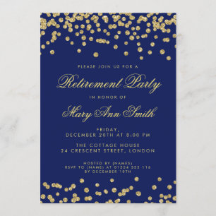 Retirement Party Gold Glitter Confetti Navy Blue Invitation