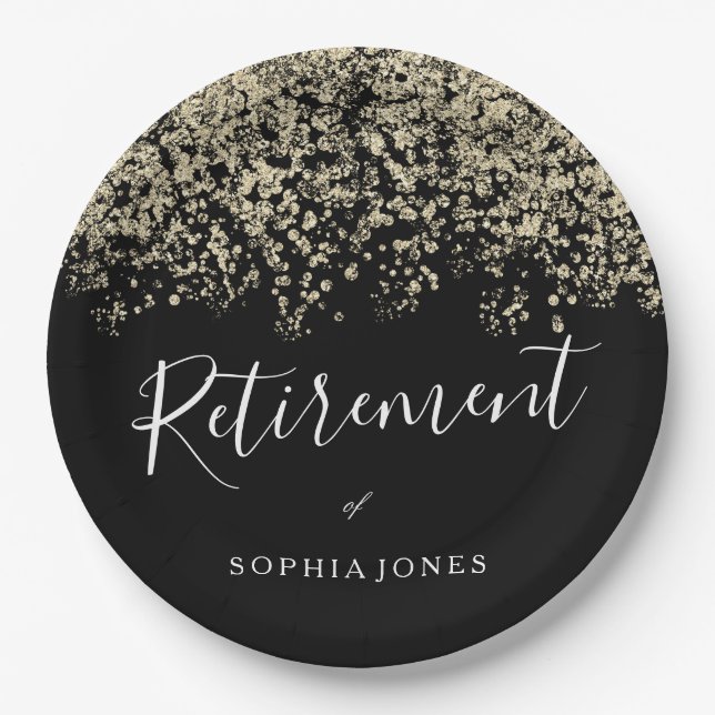Retirement Party Gold Glitter Confetti Paper Plates (Front)