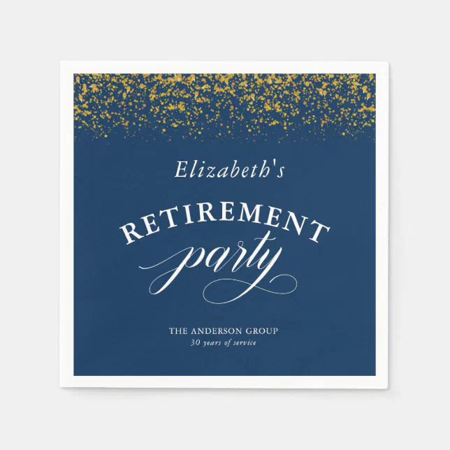 Retirement Party Gold Glitter Elegant Script Blue Napkins | Zazzle