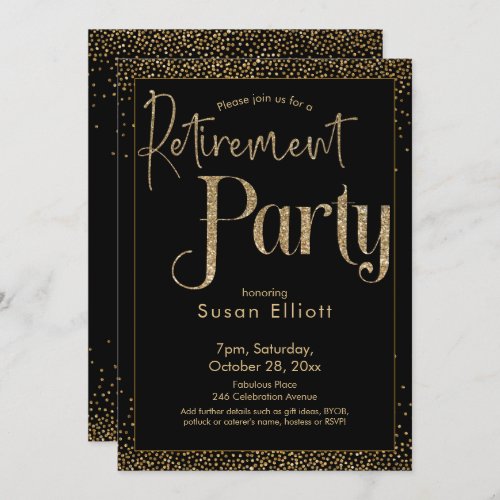Retirement Party Gold Glitter on Black Invitation
